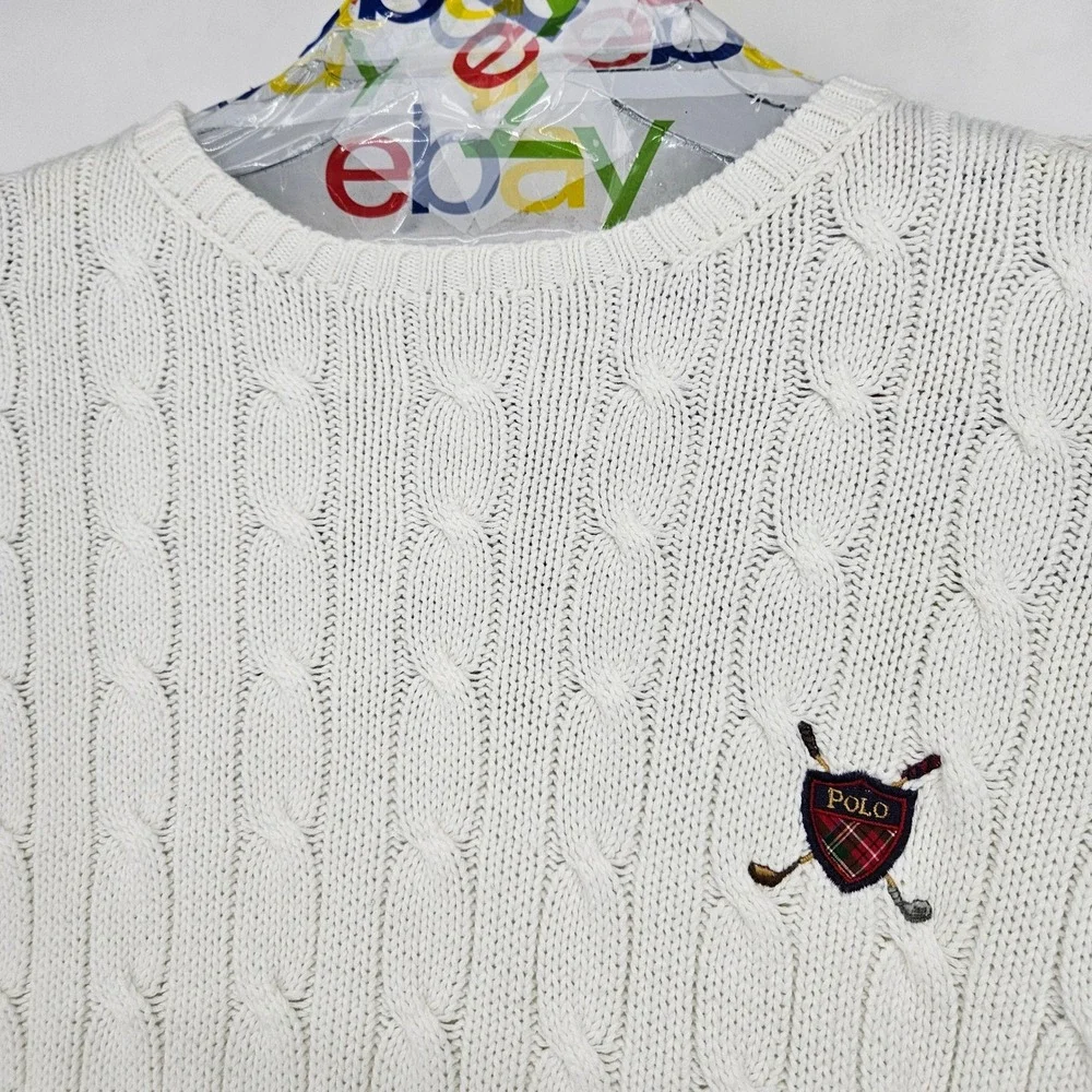 Vintage Polo Ralph Lauren Sweater Mens Large Cable Knit Crew Neck Shield White